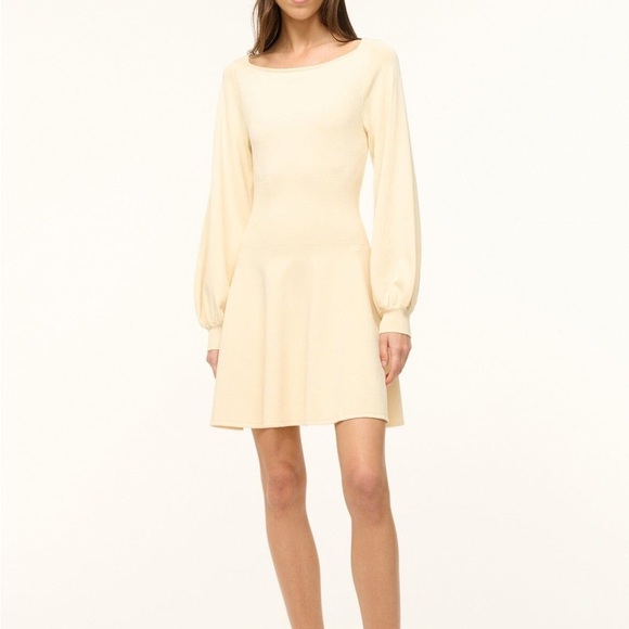 NWT New STAUD CLAUDE Sweater Knit Mini Long Sleeve DRESS Boat Neck BUTTERCREAM - Picture 1 of 12